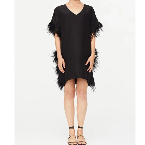 NWT Marie Oliver Women's Maura Feather V-Neck Dress 100% Silk - Black - Picture 1 of 10
